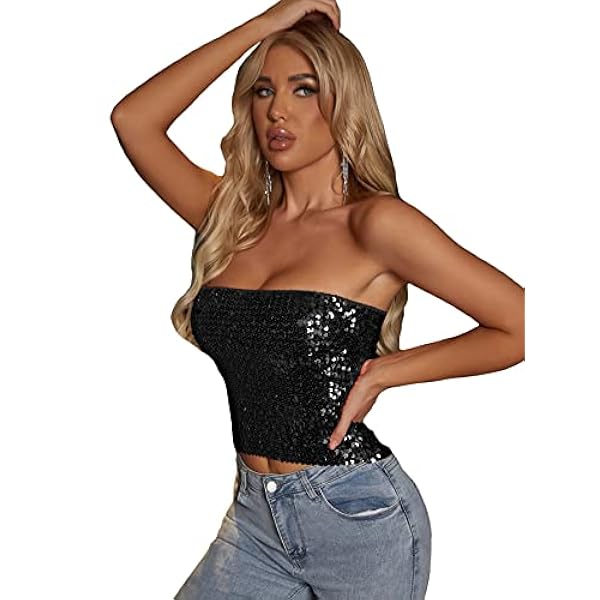 OYOANGLE Camiseta sin tirantes de lentejuelas sólidas para mujer Top Top de tubo corto para fiesta Clubwear